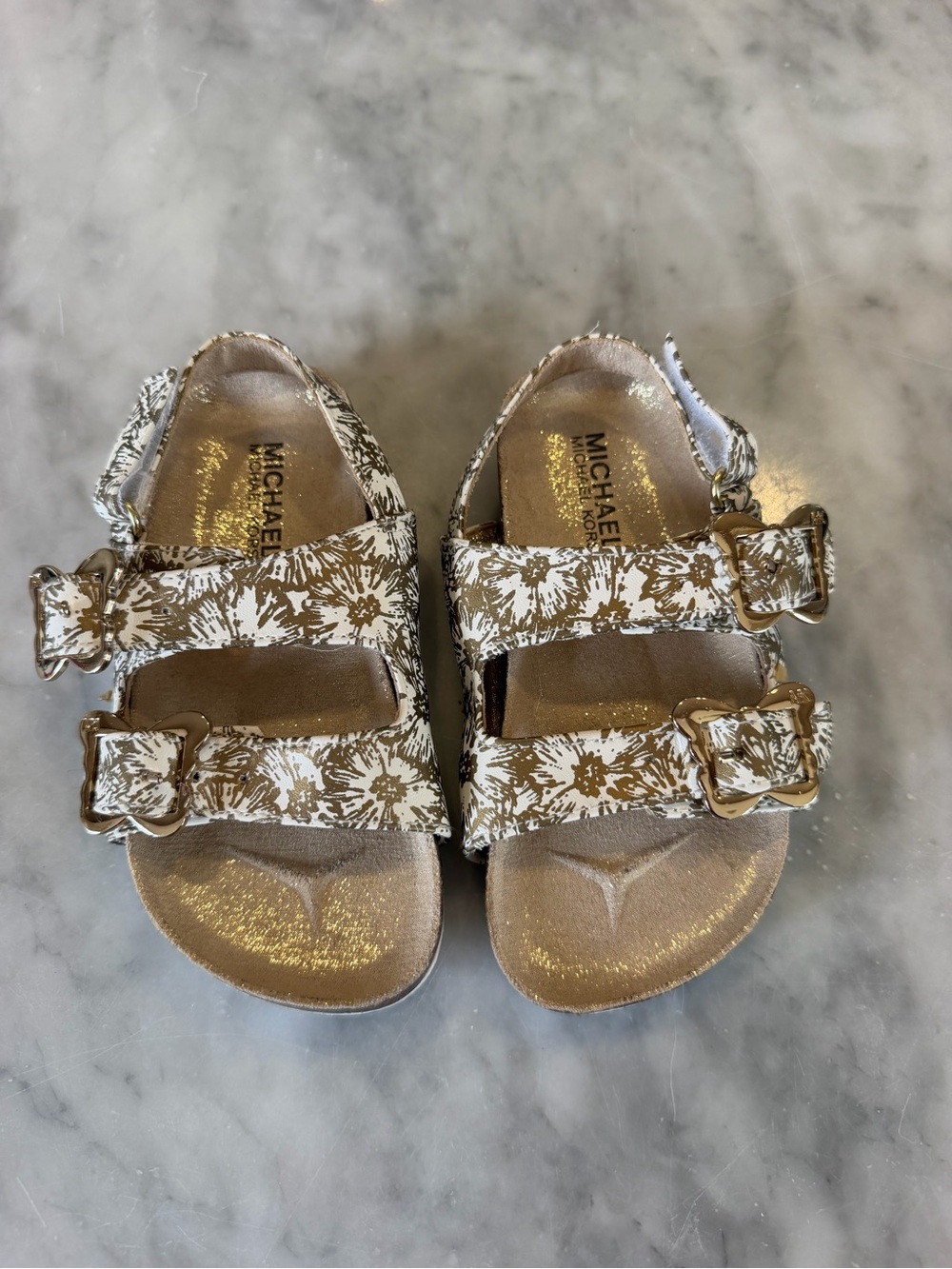 Michael Kors Kids White and Gold Floral Buckle Sandals - Double Strap